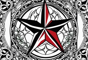 Half sleeve tattoo of the Texas star with a ring around it. Thick ivy in the background. Design bordered with thick lines on the top and bottom. Black with red highlights tattoo idea