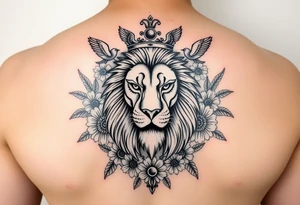 powerful majestic lion with a crown, surrounded by floral ornaments and birds tattoo idea