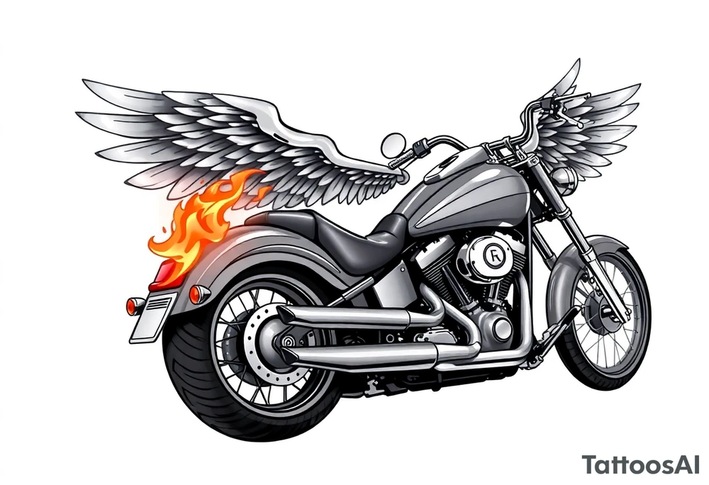 Low rider grey motorcycle, big muffler pipes with flames, angel wings, driving away, no person tattoo idea