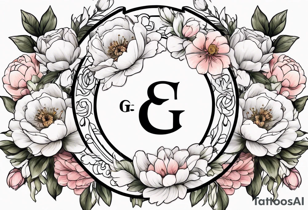 Initials G and J surrounded by peonies and ranunculus flowers tattoo idea