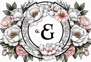 Initials G and J surrounded by peonies and ranunculus flowers tattoo idea