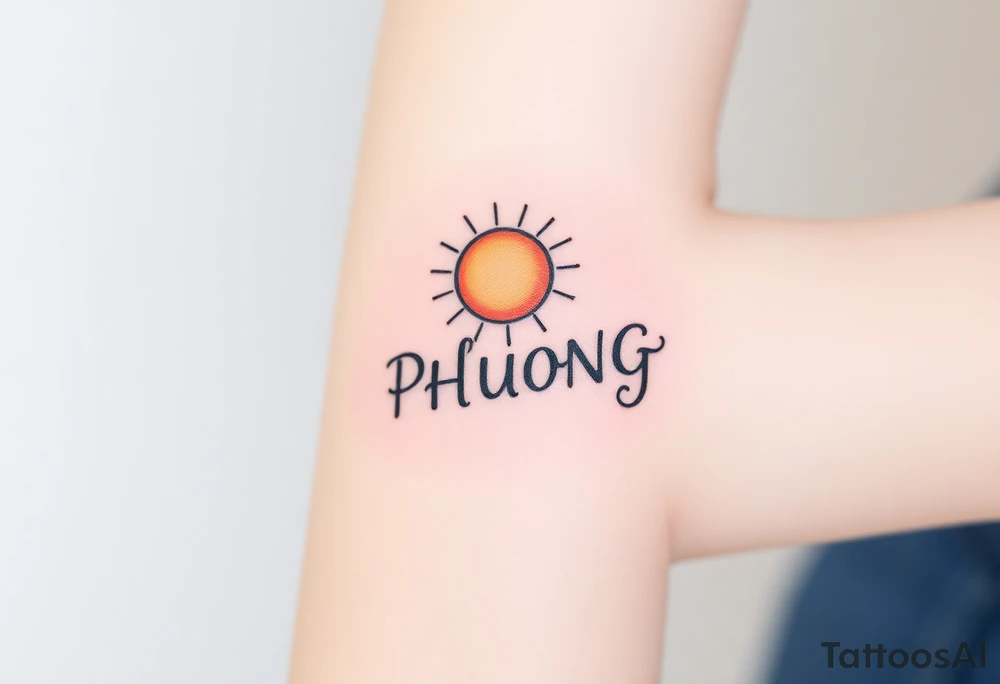 Word "PHUONG" written vertical with the sun. tattoo idea