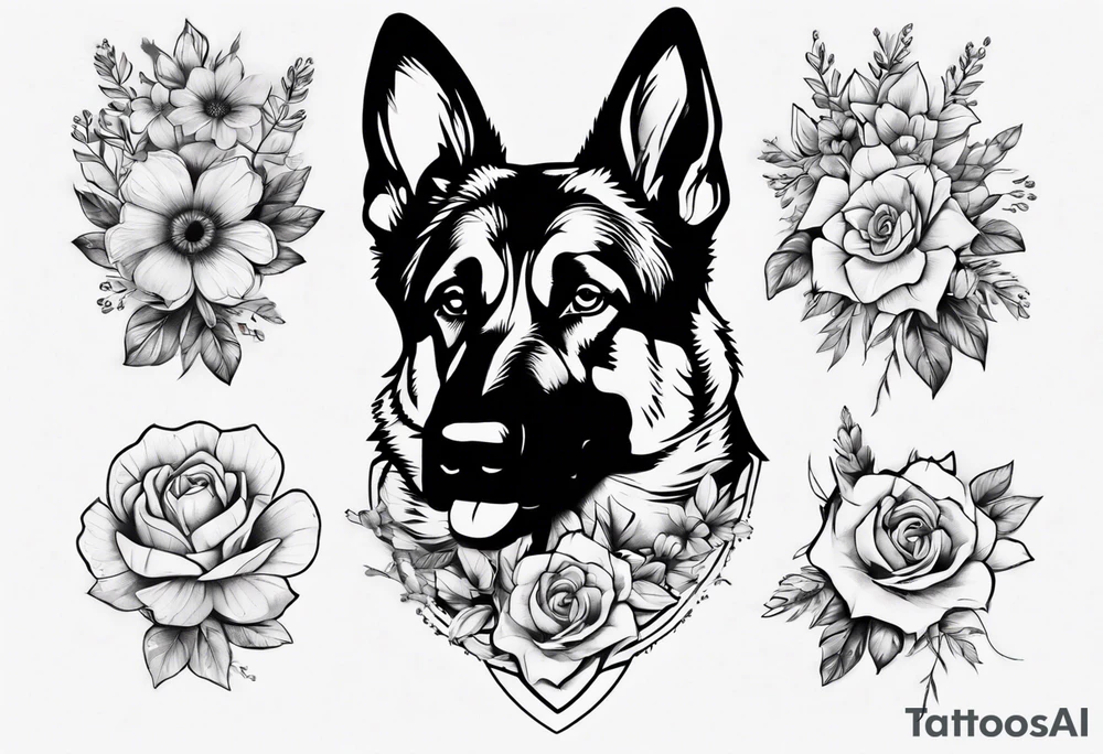 German Shepherd with flowers tattoo idea