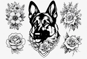 German Shepherd with flowers tattoo idea