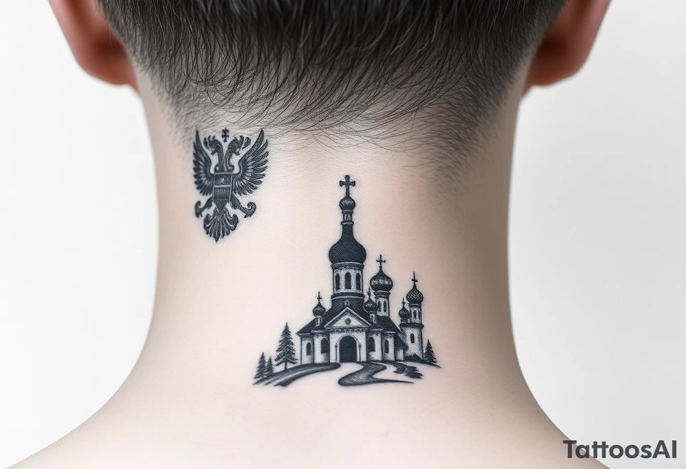 Traditional authentic Russian coat of arms with a Christian orthodox virgin marry in the middle and silhouette in a Russian wilderness Christian orthodoxy dome church village setting on the side of my neck tattoo idea