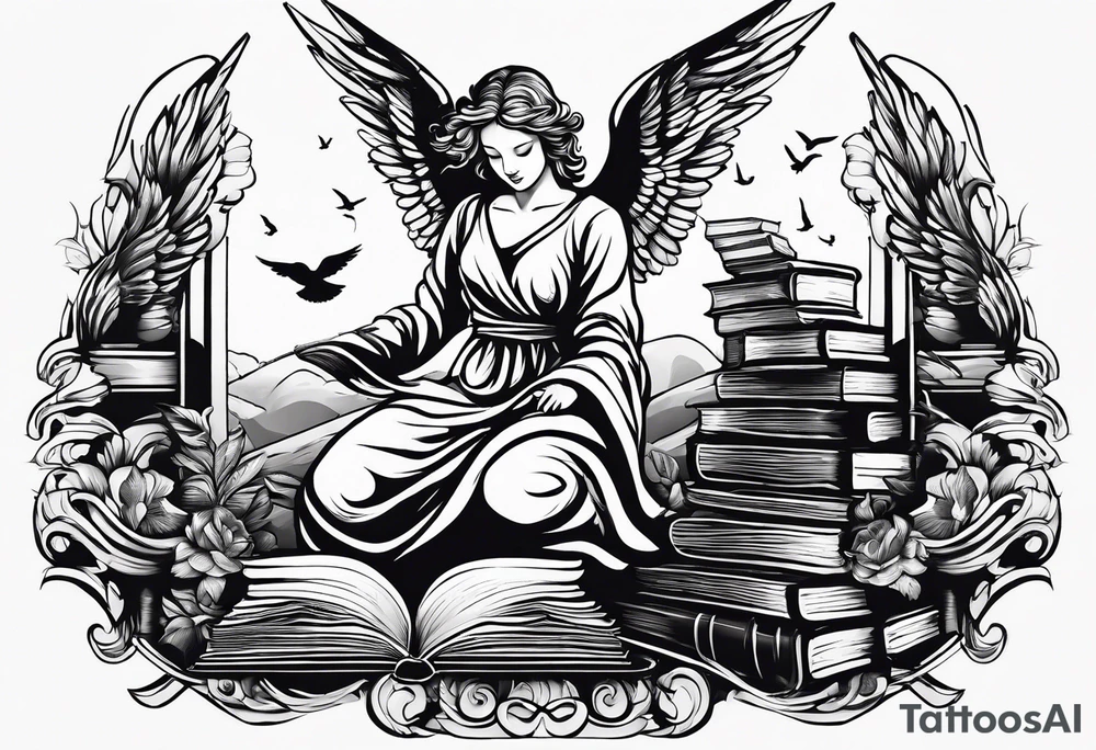 Angel kneeling next to open stack of books with bird silhouettes flying out of the book. tattoo idea