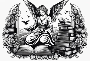 Angel kneeling next to open stack of books with bird silhouettes flying out of the book. tattoo idea