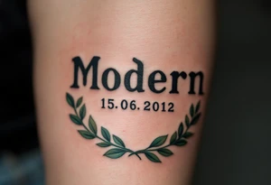 Modern 15.06.2012 in typewriter font encased in a dusty green laurel wreath. tattoo idea