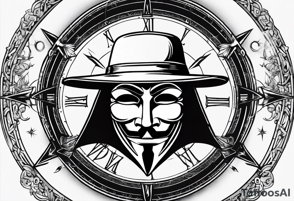 Centered v for vendetta, mask only. No hat.   Vintage compass surround. Crossing Swords tattoo idea