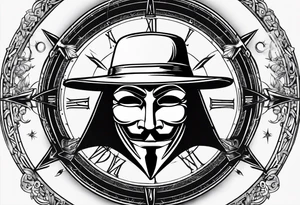 Centered v for vendetta, mask only. No hat.   Vintage compass surround. Crossing Swords tattoo idea