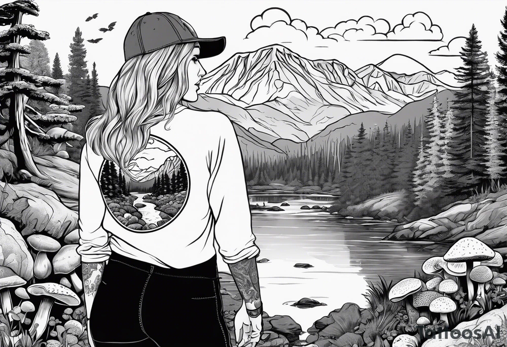 Whole picture encircled fully

Straight long blonde hair hippie girl in distance holding mushrooms in hand facing away toward mountains and creek surrounded by mushrooms long sleeve shirt and hiking pants; whole rendering within a full circle, no cut off circle tattoo idea