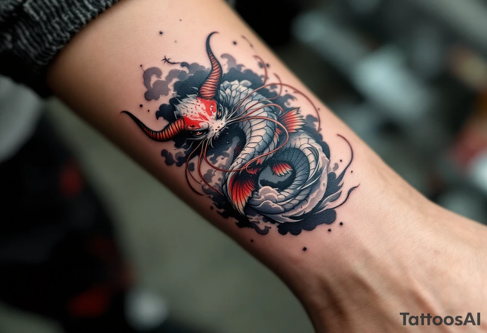 A fantasy hybrid catfish with long whiskers resembling tendrils, crimson and smoky gray scales, and finned horns, swirling through stylized clouds and mist. tattoo idea