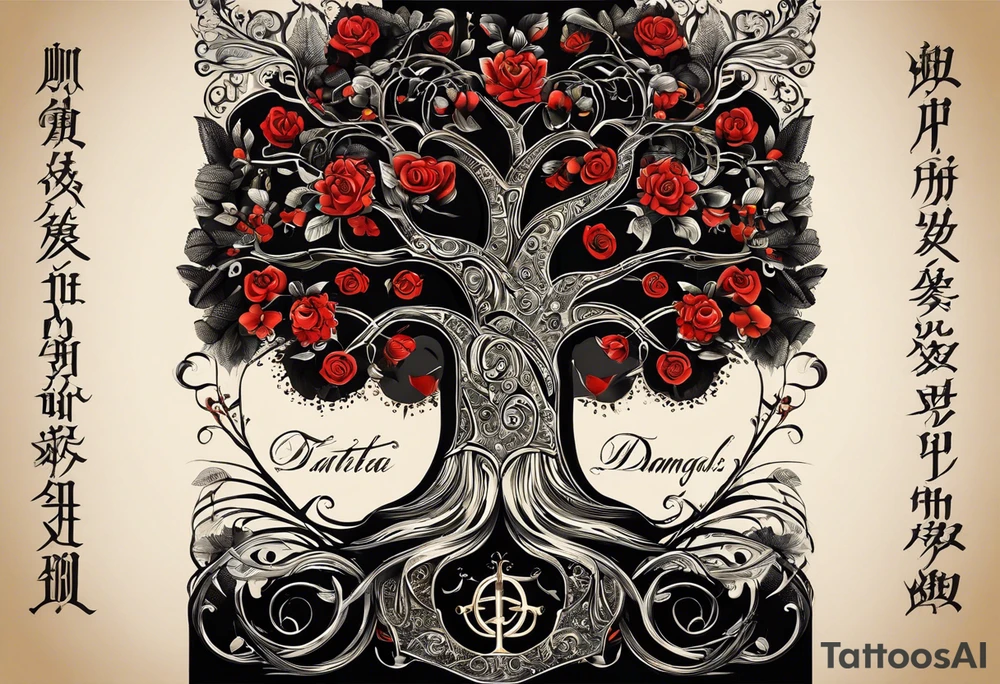 The tattoo should have a kind of family tree or roots where over half the arm where the date of birth of my children can be seen. There are supposed to be several swords over this family tree like the Damaglos, which is supposed to show attacks on my family. A symbol that shows the protection and strength of us would also be good. The death of my mother in 2018 should also be found tattoo idea