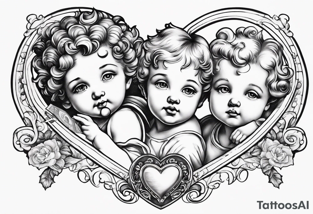 3 cherubs that look realistic, not cartoony. one of them is a girl holding a balloon, one is a boy holding a money bag, one is a girl hugging a heart. make them all separated tattoo idea