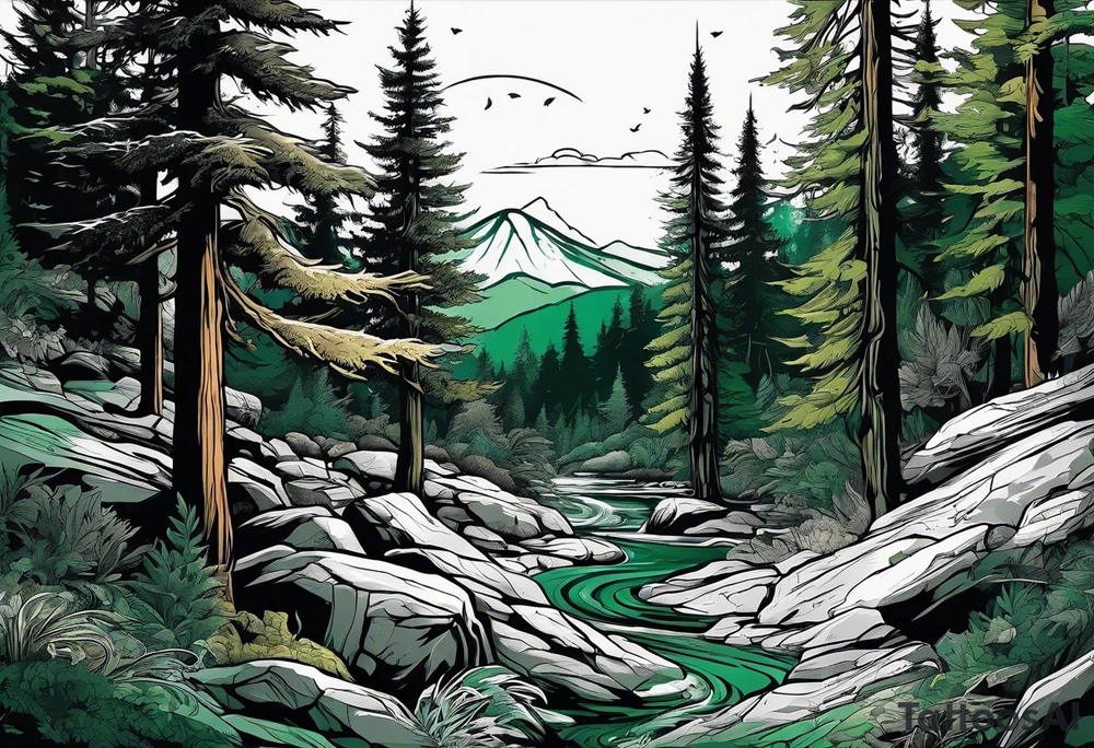 forest, green and black, no people tattoo idea