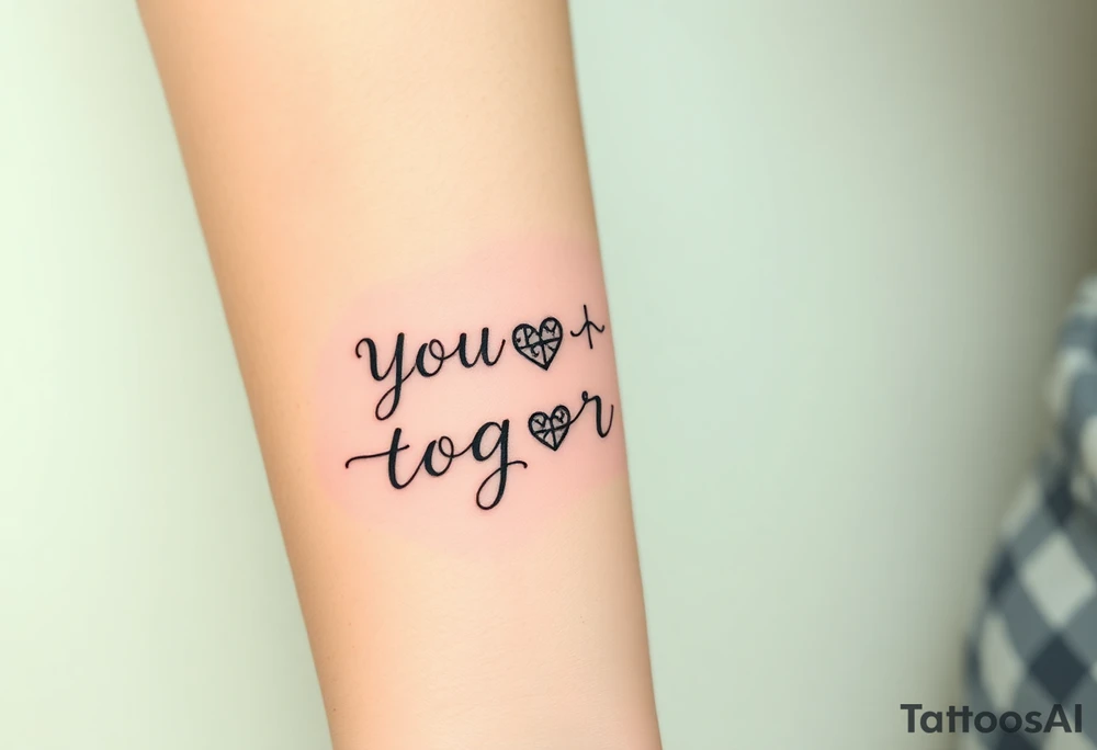 "You and I together" with a cross, and a heart integrated into the design tattoo idea
