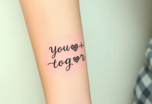 "You and I together" with a cross, and a heart integrated into the design tattoo idea