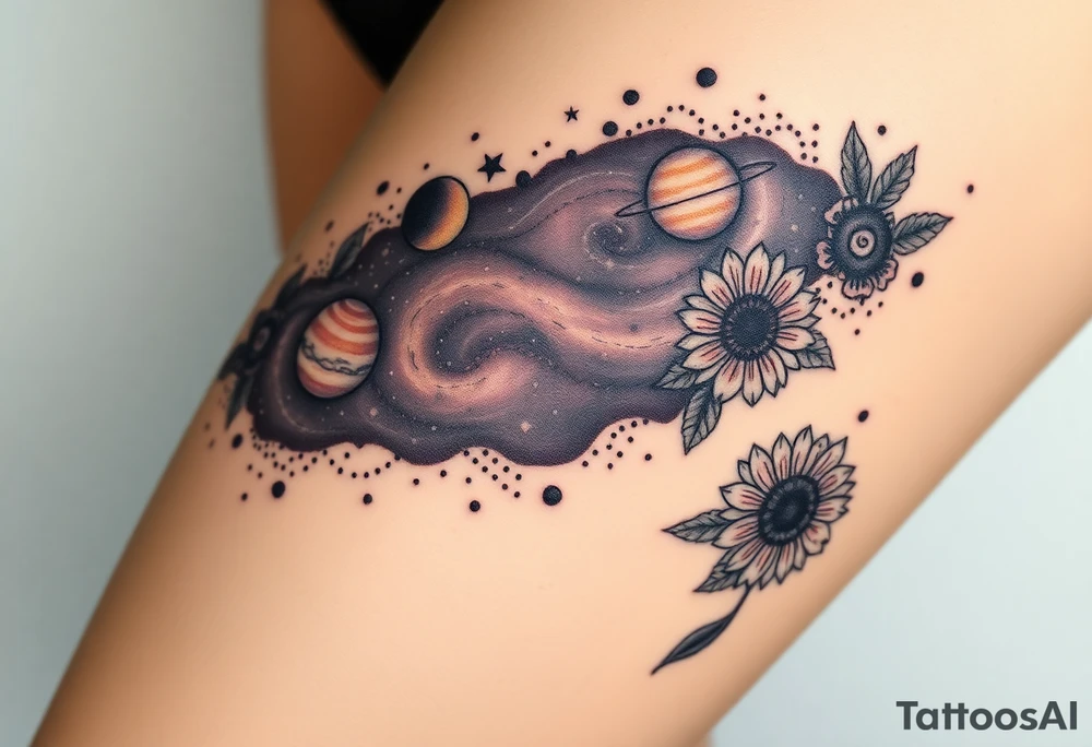 Milky way galaxy with planets with zodiac symbols and protection runes in it with tigerlillies roses and sunflowers tattoo idea