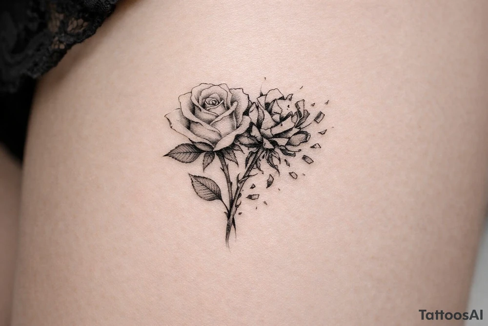 A single rose fading into a broken smashed rose tattoo idea