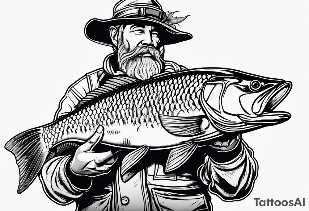 fisherman standing full body simple outline tattoo idea
