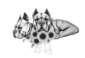 Three very thick muscled up pitbull portraits fading into the background as filler incorporate sunflowers, an old road made from pavers tattoo idea