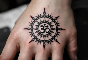 Dharmachakra 8 spoke wheel with an ohm symbol in the middle tattoo idea