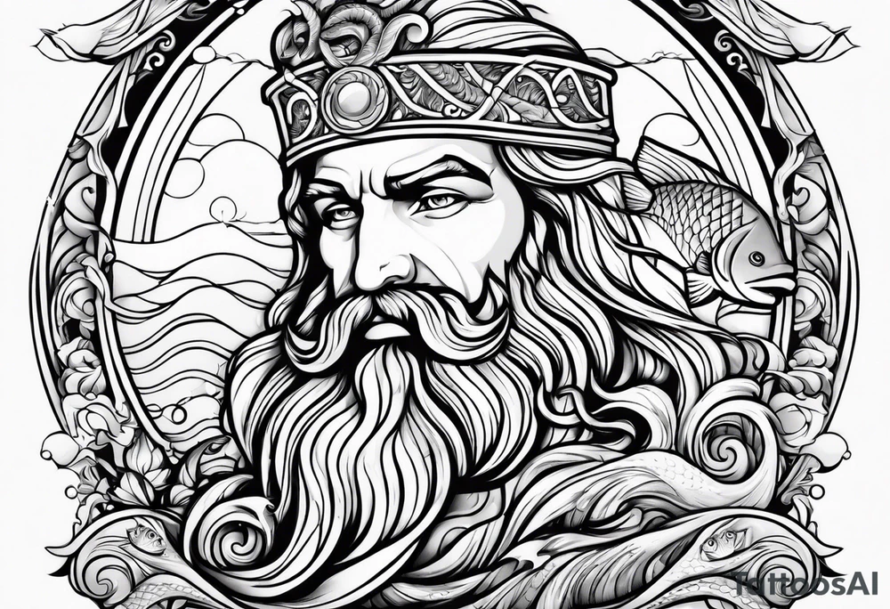 Poseidon with waves and fish tattoo idea