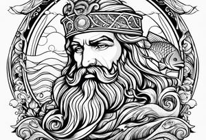 Poseidon with waves and fish tattoo idea