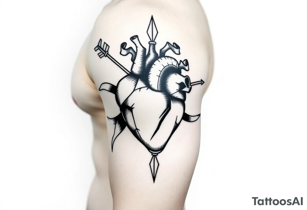 anatomical heart pierced by ornate arrow with flowing ribbons tattoo idea