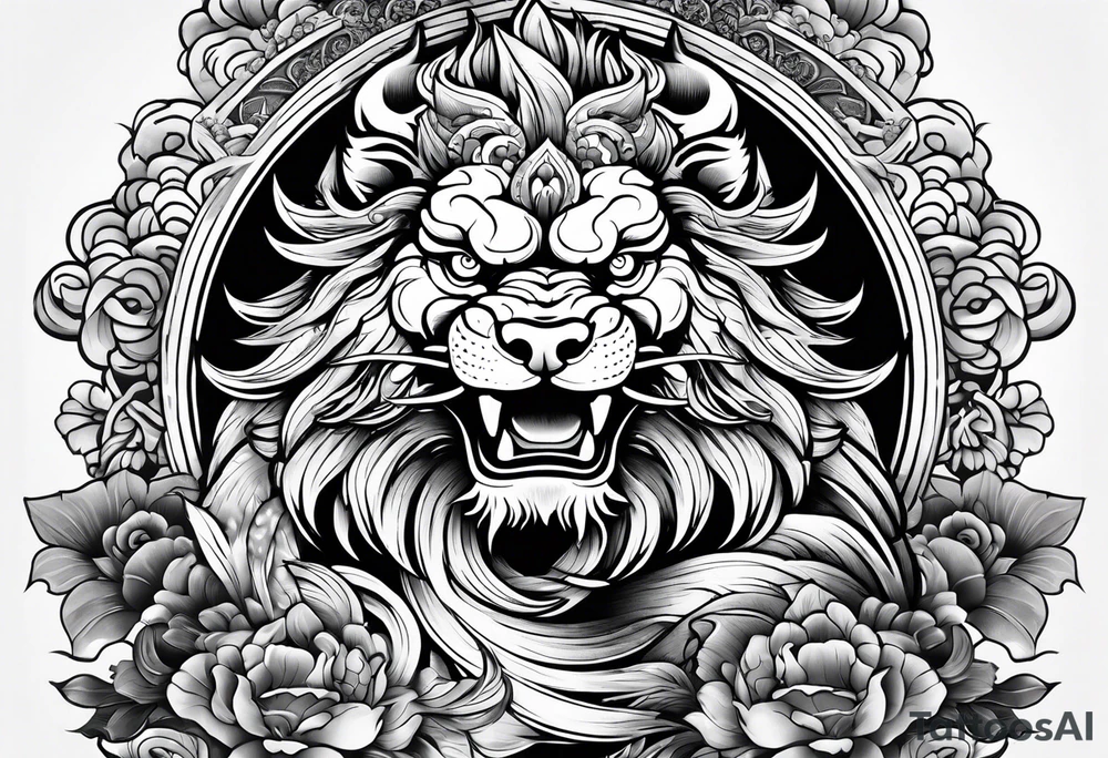 foo dog full body leg sleeve tattoo idea