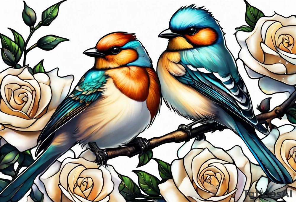 Two birds sitting on a stem of White roses, on bird is about to land next to them on the stem. tattoo idea