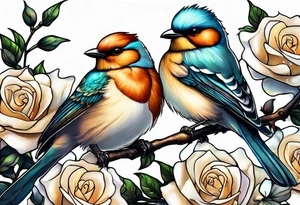 Two birds sitting on a stem of White roses, on bird is about to land next to them on the stem. tattoo idea