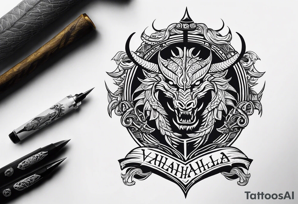 Valhalla sword shield viking ship dragon head tattoo idea