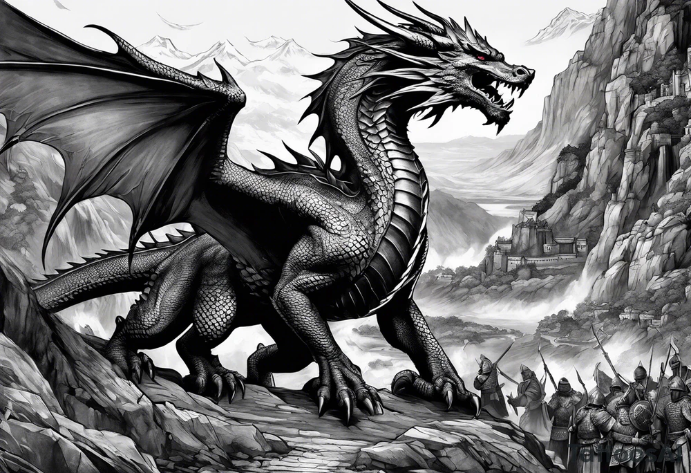 War scene, ancient times with dragons tattoo idea
