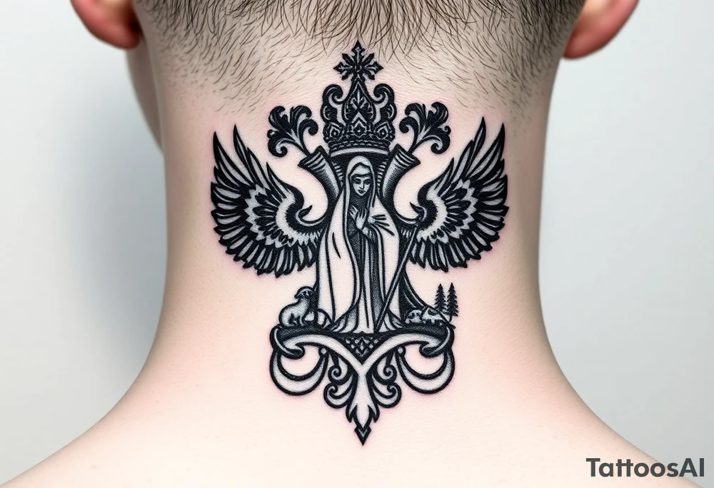 Traditional authentic Russian coat of arms with a Christian orthodox virgin marry in the middle and silhouette in a Russian wilderness Christian orthodoxy village setting tattoo idea