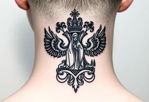 Traditional authentic Russian coat of arms with a Christian orthodox virgin marry in the middle and silhouette in a Russian wilderness Christian orthodoxy village setting tattoo idea