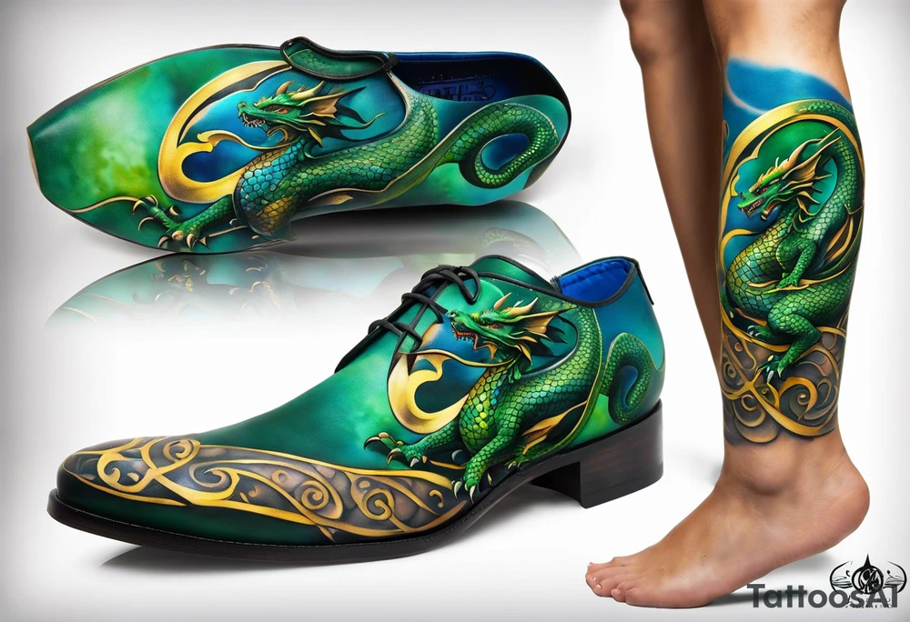 An epic dragon wraps around the calf, its body coiling dynamically, with scales and horns detailed to create a sense of movement and strength. The dragon features accents in green, blue, and gold, giving a vibrant depth and a mystical aura. This tattoo highlights the dragon’s fierce expression and sharp claws as it wraps protectively around the leg. Style: Realism tattoo idea