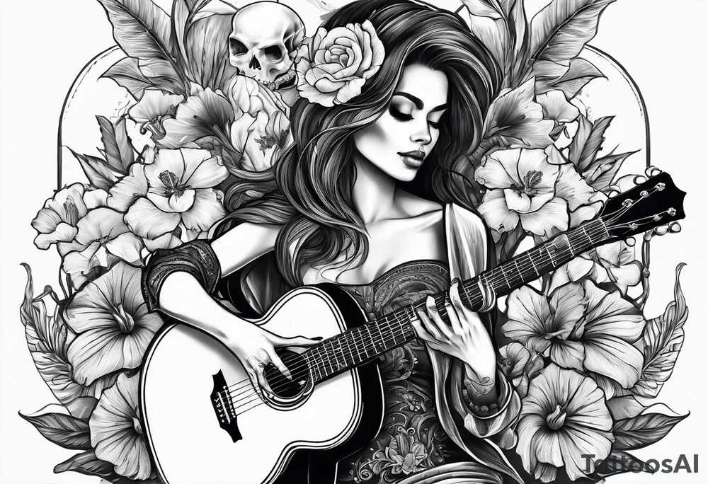 female skeleton playing guitar. Hibiscus flower tattoo idea