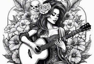female skeleton playing guitar. Hibiscus flower tattoo idea