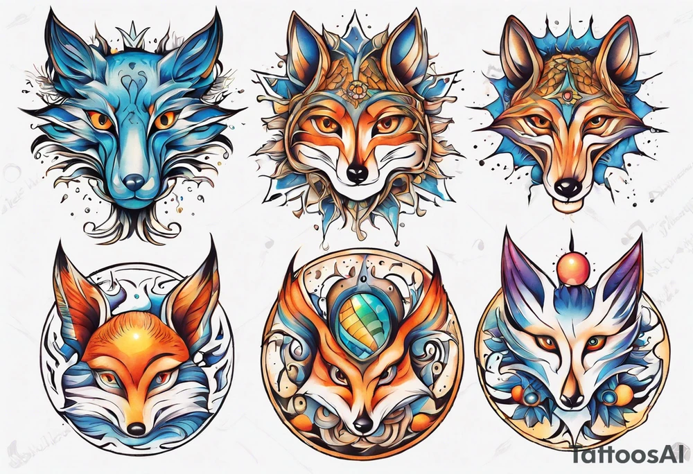 fisch, fuchs und eule , symetrie  sonne, universum, bunt tattoo idea