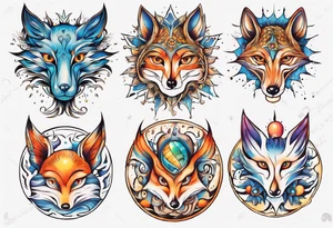 fisch, fuchs und eule , symetrie  sonne, universum, bunt tattoo idea