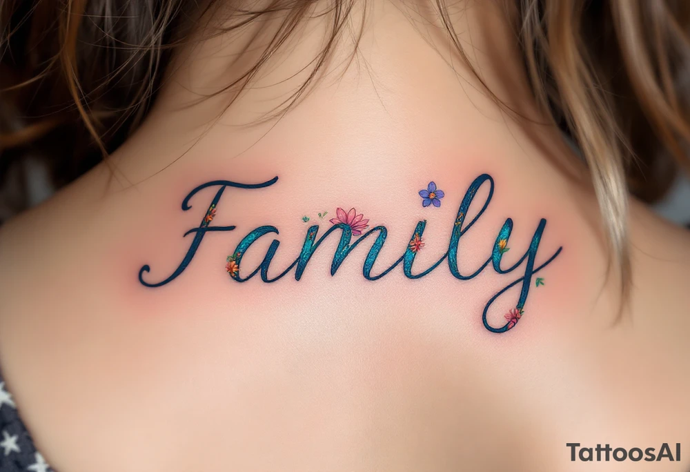 Family spelled out in cursive, with each letter blooming into a different flower in subtle pastel hues. tattoo idea