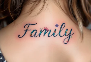 Family spelled out in cursive, with each letter blooming into a different flower in subtle pastel hues. tattoo idea