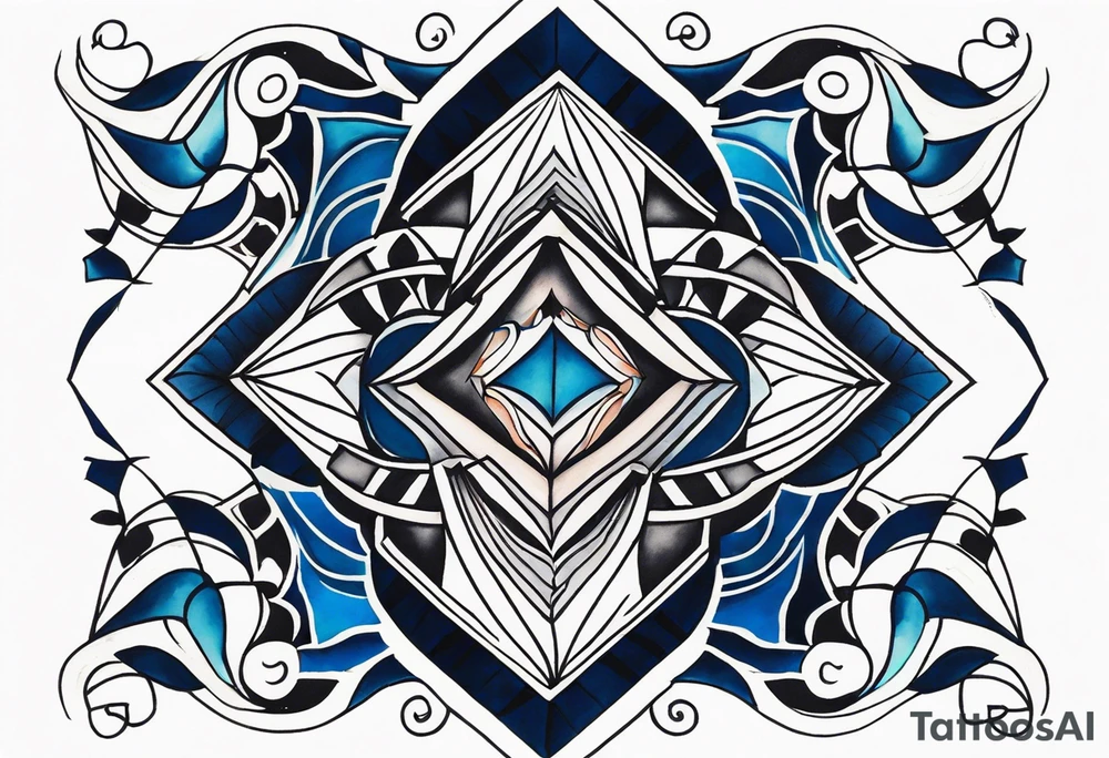 semi Detailed neo traditional knee tattoo flat on paper. The tattoo features geometric patterns and bold lines, creating a visually striking design with slight tints of deep fall colors. The a background featuring deep blues washes and water swirls tattoo idea