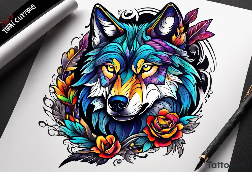 a colorful wolf with a Raven tattoo idea