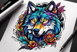 a colorful wolf with a Raven tattoo idea