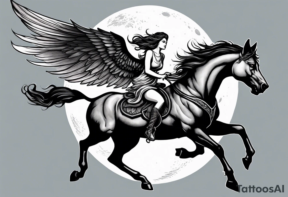 Edgy woman riding a Pegasus fighting a werewolf under a full moon tattoo idea