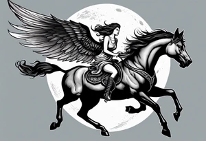 Edgy woman riding a Pegasus fighting a werewolf under a full moon tattoo idea