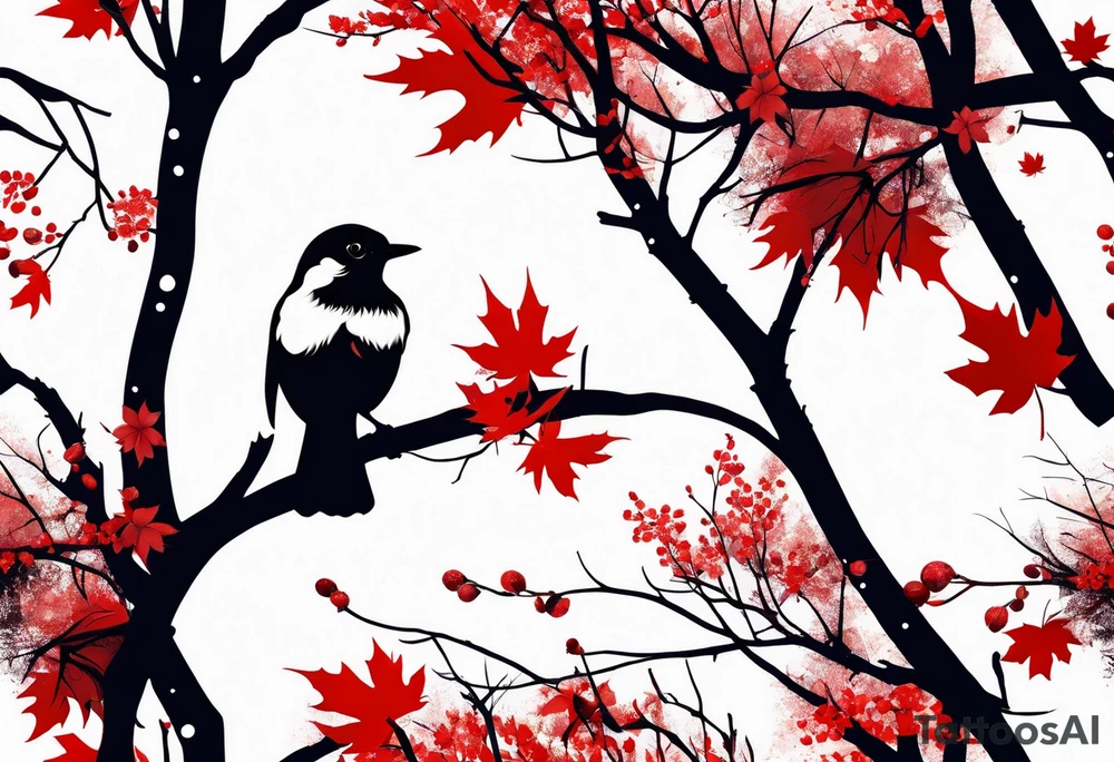 trash polka style. Arm tattoo. Long tattoo. large tattoo. Full sleeve. Shoulder. A single large maple tree with red autumn leaves that branches upwards from wrist to shoulder. White-throated dipper bird on the trees branches. Calluna flowers at the base of the trees stem. Tree stem has dark colors. Red/yellow sunset behind the trees stem. Leaves falling. tattoo idea
