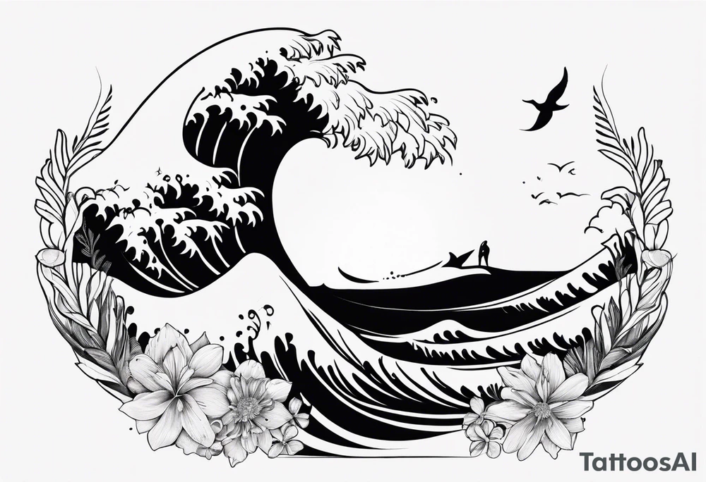 wave,, flower, palm, sea animal tattoo idea